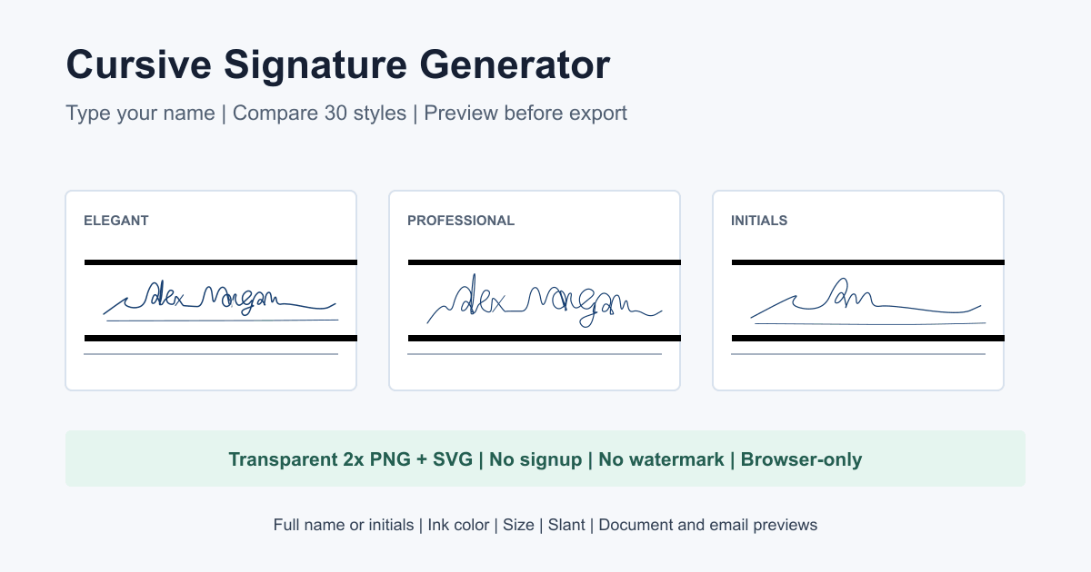 Alex Morgan shown in three cursive signature styles with full-name and initials controls