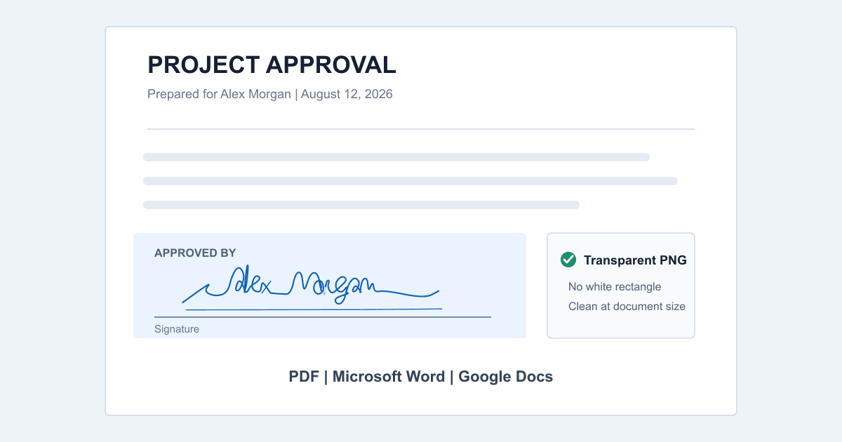 Blue transparent signature image placed over a light document approval area without a white background box